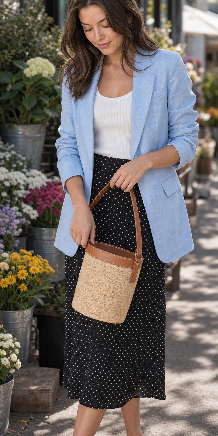 Spring Market Outfit: a sky-blue linen blazer, polka-dot midi skirt, and tan sandals bag and hand detail: Sky-blue linen blazer, White ribbed tank top, Black-and-cream polka-dot midi skirt, Tan low block-heel sandals, Straw bucket bag with tan trim, Small gold hoop earrings styling reference image