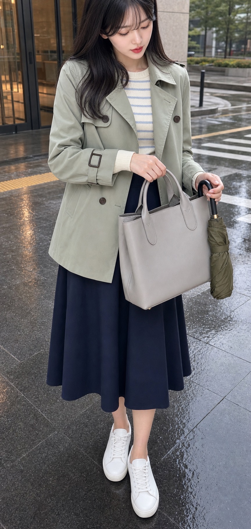봄비 출근룩, 세이지 트렌치와 스니커즈로 맑게 정리하기 가방과 손 디테일: 세이지 그린 숏 트렌치, 아이보리 블루 스트라이프 니트, 네이비 A라인 미디 스커트, 화이트 방수 스니커즈, 라이트 그레이 구조감 토트백, 올리브 접이식 우산 스타일링 참고 이미지