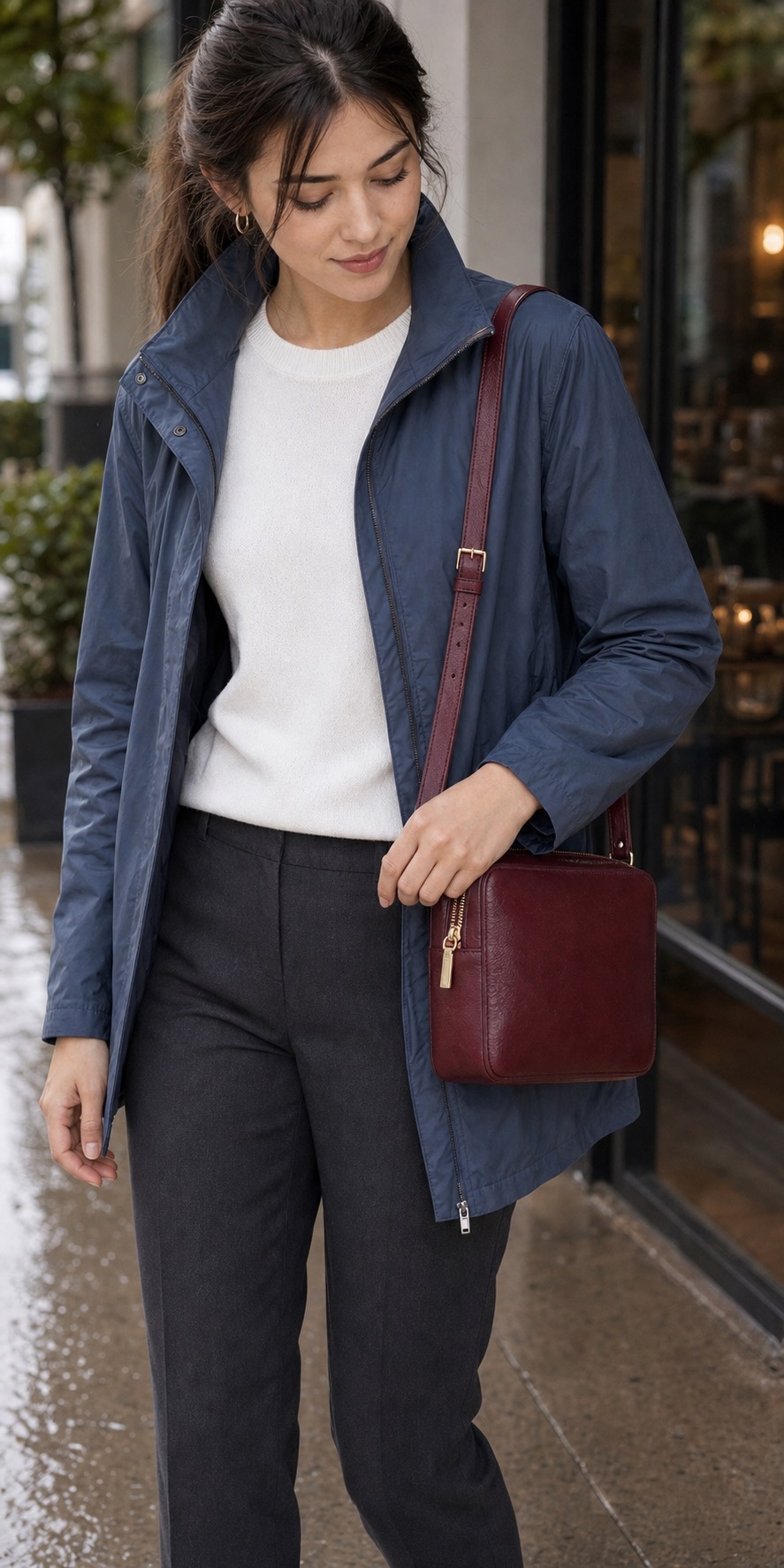 Spring Rainy City Outfit: a slate rain jacket, ankle pants, and Chelsea boots bag and hand detail: Slate blue water-resistant rain jacket, White fine-gauge crewneck knit top, Charcoal tapered ankle pants, Black waterproof Chelsea boots, Burgundy zip-top shoulder bag, Small silver hoop earrings styling reference image