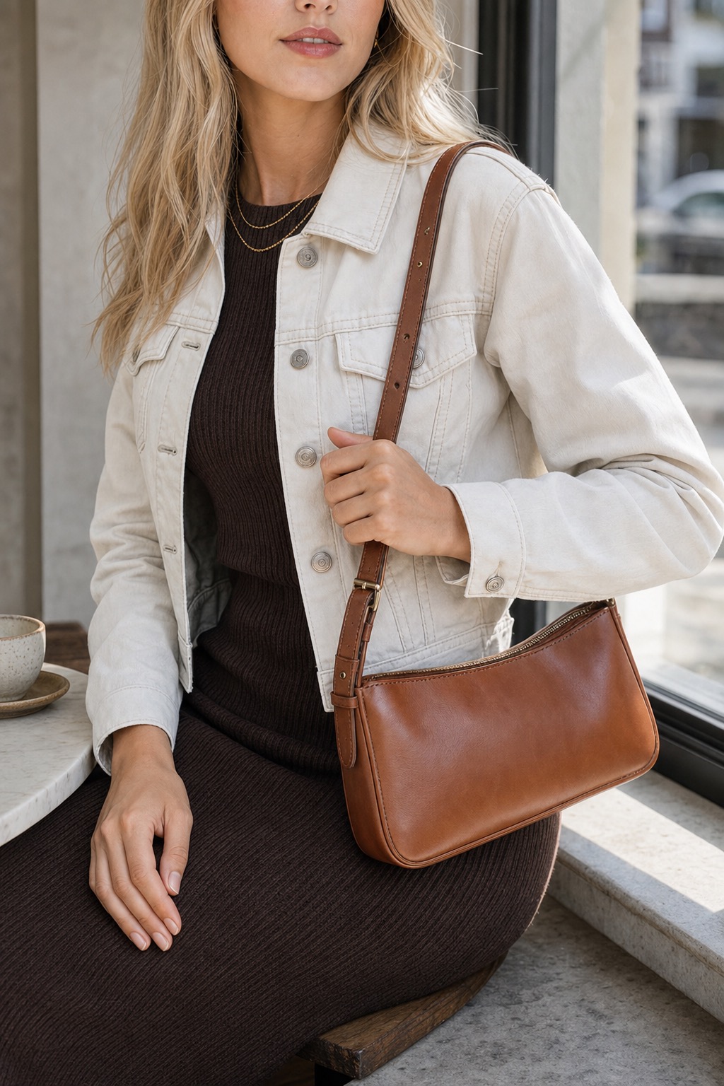 Spring Gallery Outfit: a column dress, cropped jacket, and shoulder bag bag and hand detail: Espresso ribbed knit column midi dress, Bone cropped denim jacket, Black suede kitten-heel ankle boots, Cognac east-west shoulder bag, Layered fine gold chain necklace styling reference image