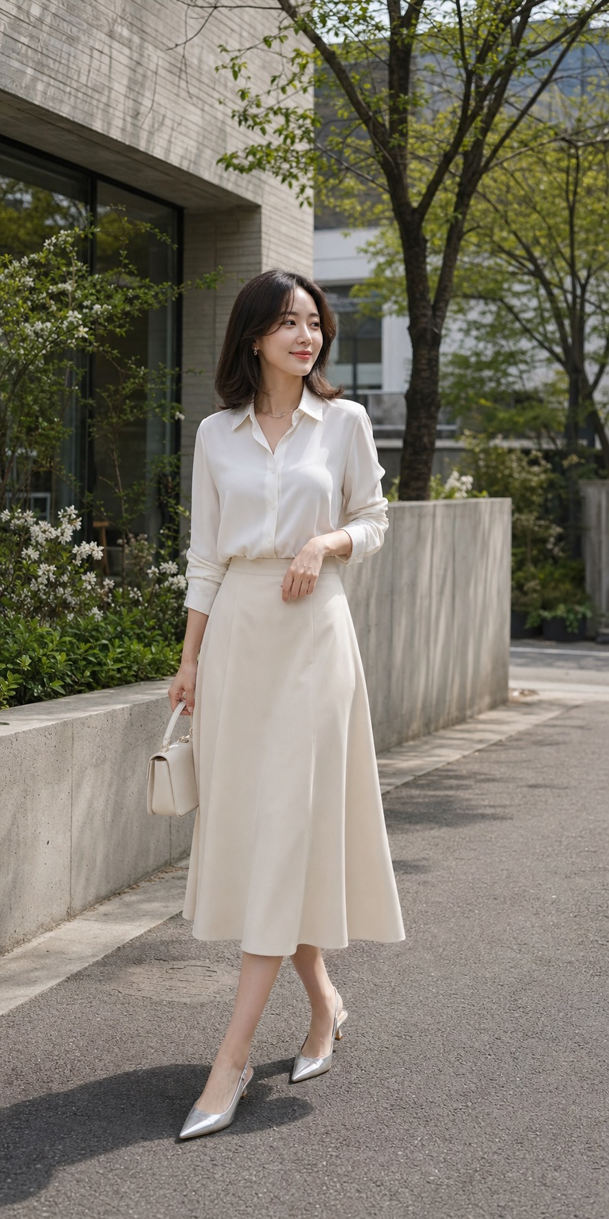 크림 미디 스커트 코디 참고 이미지 5: 실키 블라우스와 슬링백으로 조금 더 차려 입는 데이트룩