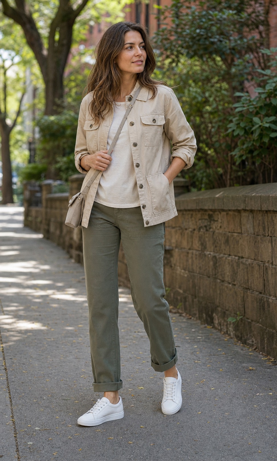 white leather sneakers outfits reference image 5: White leather sneakers with a utility jacket and olive pants