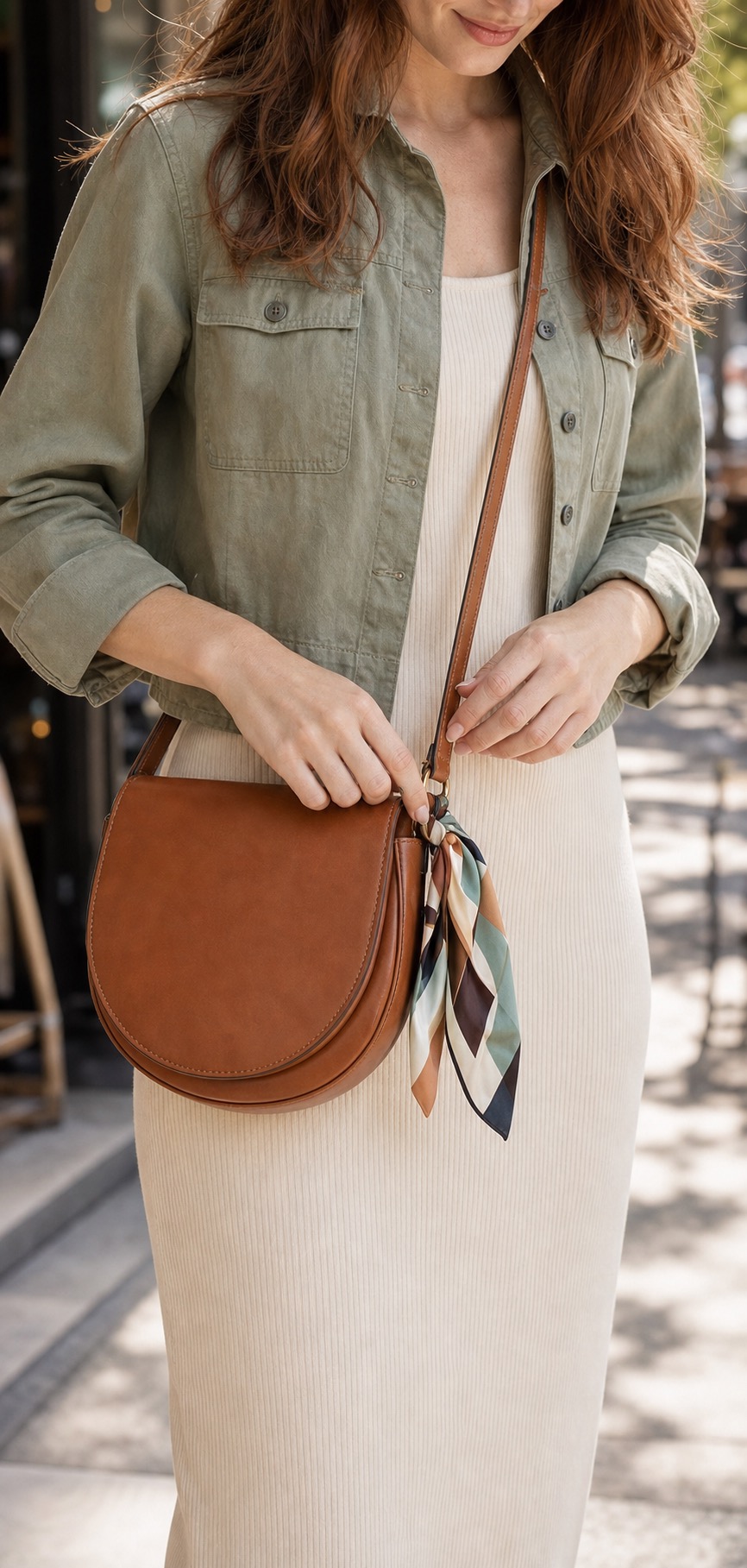 Spring Weekend Dress Outfit: a sage jacket, ribbed midi dress, and clean sneakers bag and hand detail: Soft sage cropped utility jacket, Cream ribbed knit midi dress, Clean white leather sneakers, Cognac saddle crossbody bag, Small silk scarf for bag strap styling reference image