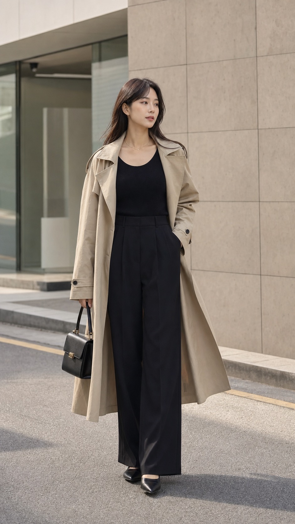 블랙 와이드 슬랙스 코디 참고 이미지 5: 블랙 니트와 트렌치로 조금 더 차려 입는 와이드 슬랙스 코디