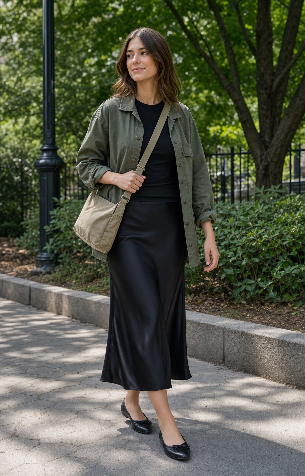 black slip skirt outfits reference image 5: Black slip skirt with a utility jacket for a practical weekend outfit