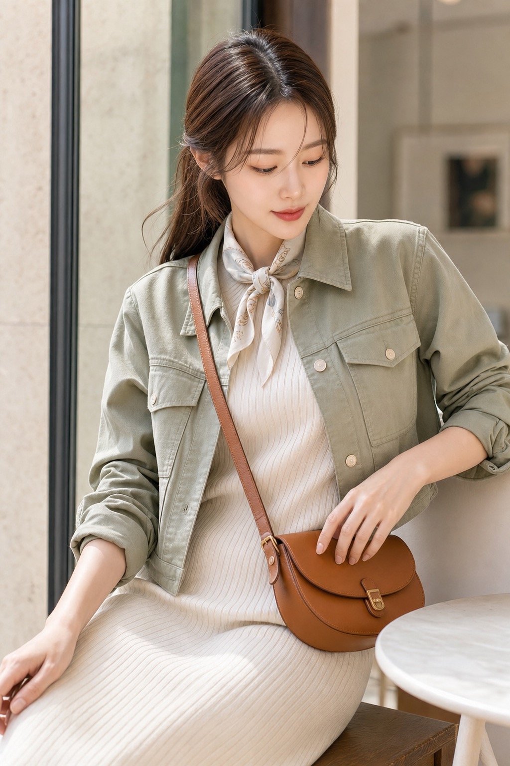 봄 갤러리룩, 니트 원피스와 스니커즈로 편하게 가방과 손 디테일: 세이지 크롭 유틸리티 재킷, 크림 골지 니트 미디 원피스, 화이트 레더 스니커즈, 코냑 새들 크로스백, 작은 실크 스카프 스타일링 참고 이미지