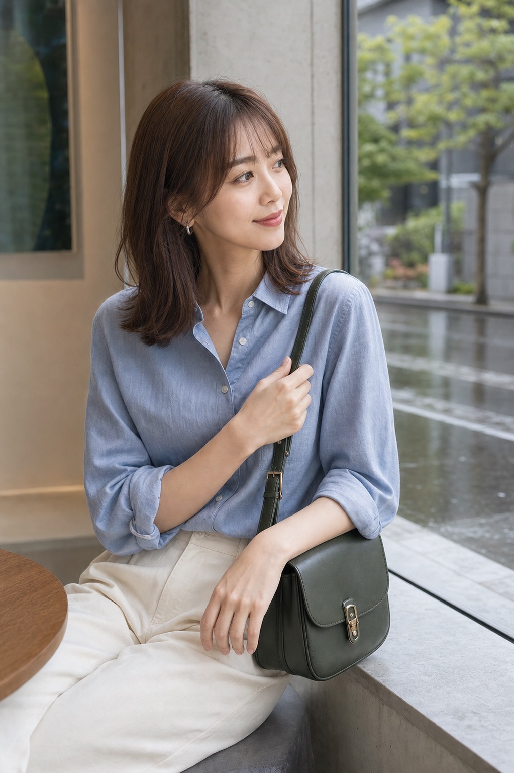 雨の日 コーデ、シャンブレーシャツとワイドパンツで整えるのバッグと手元のディテール: ライトシャンブレーシャツ, エクリュのワイドコットンパンツ, バーガンディのペニーローファー, ダークグリーンのショルダーバッグ, 小さめシルバーイヤリングのスタイリング参考画像