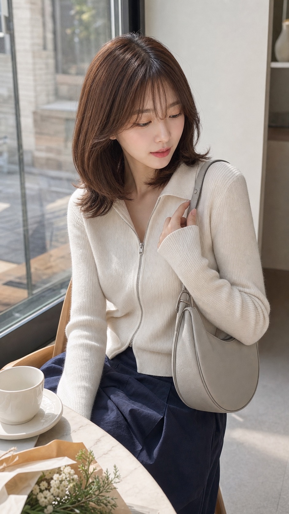 봄 장보기룩, 집업 폴로와 맥시 스커트로 활동적으로 가방과 손 디테일: 에크루 집업 니트 폴로, 잉크 네이비 코튼 맥시 스커트, 세이지 그린 트레이너, 라이트 그레이 크레센트 숄더백 스타일링 참고 이미지