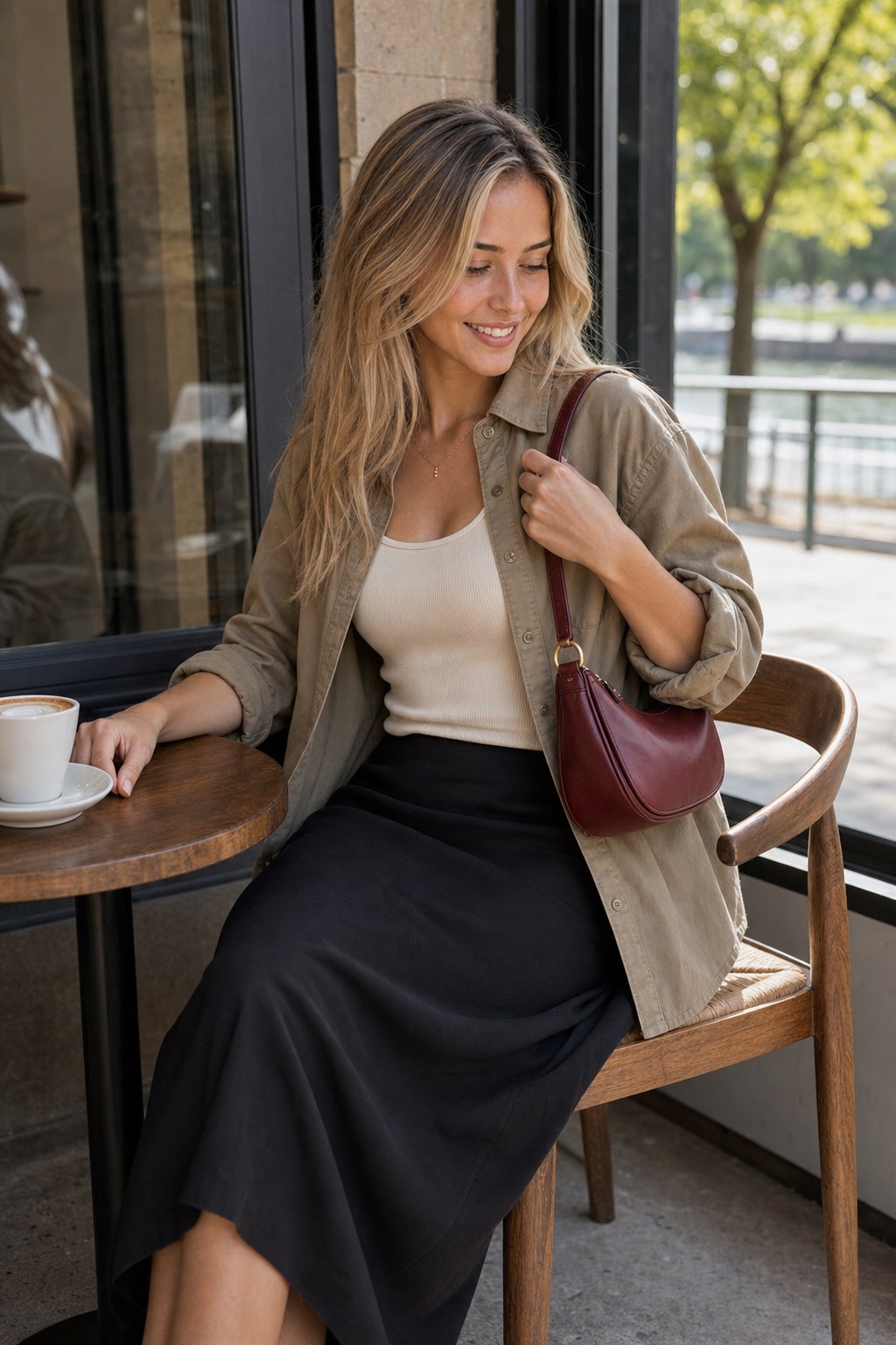 Light Trail Outfit: an overshirt, column skirt, and clogs bag and hand detail: Washed khaki overshirt, Cream slim tank top, Black cotton column skirt, Mocha suede clogs, Cranberry mini shoulder bag styling reference image
