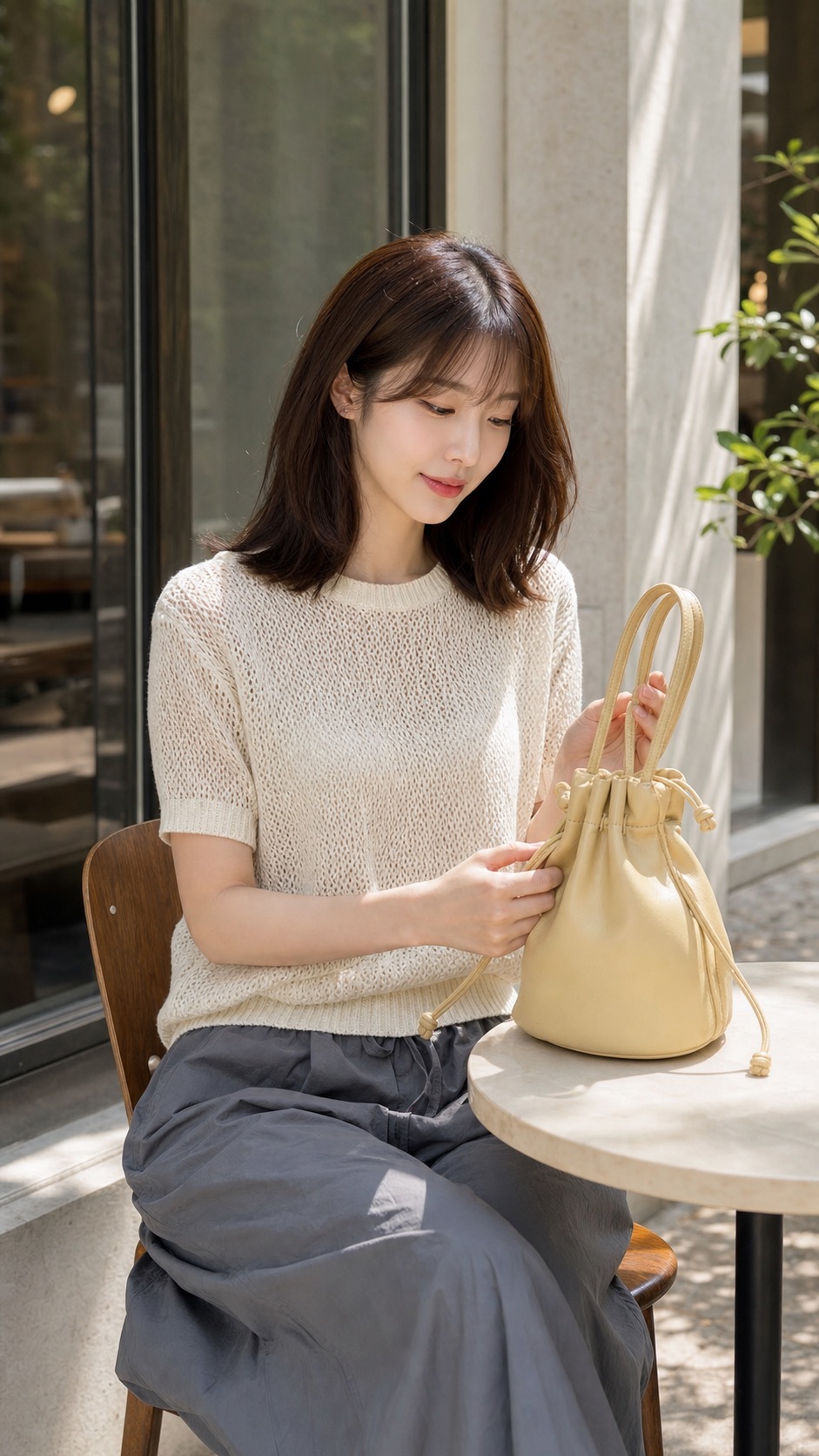 봄 데이트룩, 메시 니트와 파라슈트 팬츠로 시원하게 가방과 손 디테일: 크림 메시 반소매 니트, 스모키 그레이 파라슈트 팬츠, 오프화이트 테라스 스니커즈, 버터 옐로 드로스트링 백 스타일링 참고 이미지