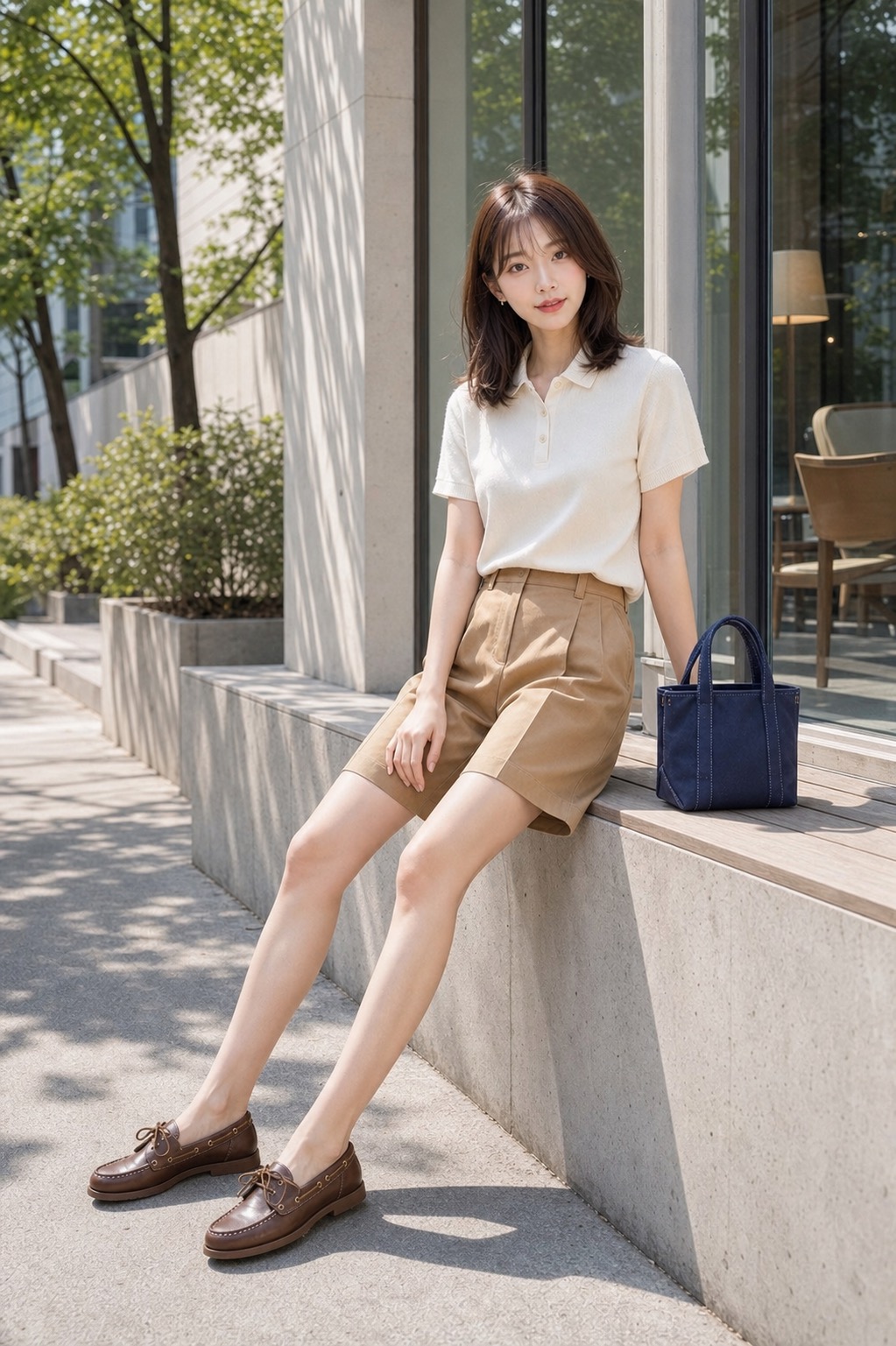 시티워크룩 참고 이미지 5 - 오프화이트 피케 폴로, 카멜 버뮤다 팬츠, 브라운 보트 슈즈, 네이비 캔버스 미니 토트 조합