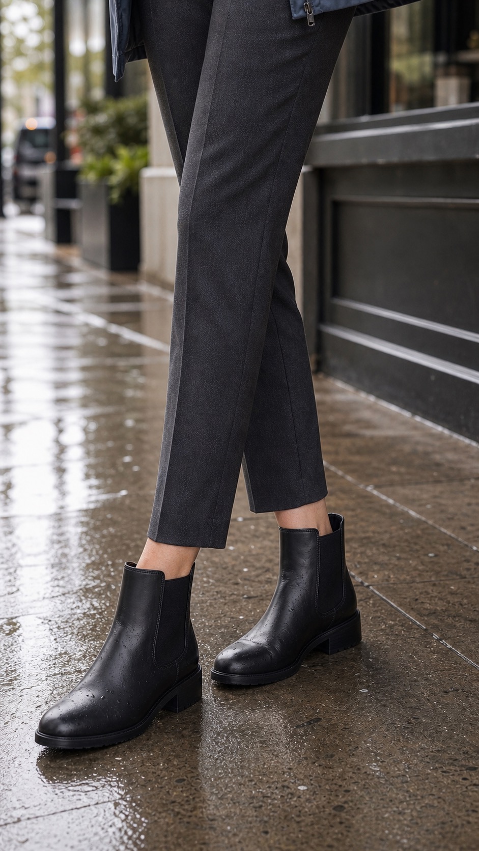 Spring Rainy City Outfit: a slate rain jacket, ankle pants, and Chelsea boots shoe and hem detail: Slate blue water-resistant rain jacket, White fine-gauge crewneck knit top, Charcoal tapered ankle pants, Black waterproof Chelsea boots, Burgundy zip-top shoulder bag, Small silver hoop earrings styling reference image