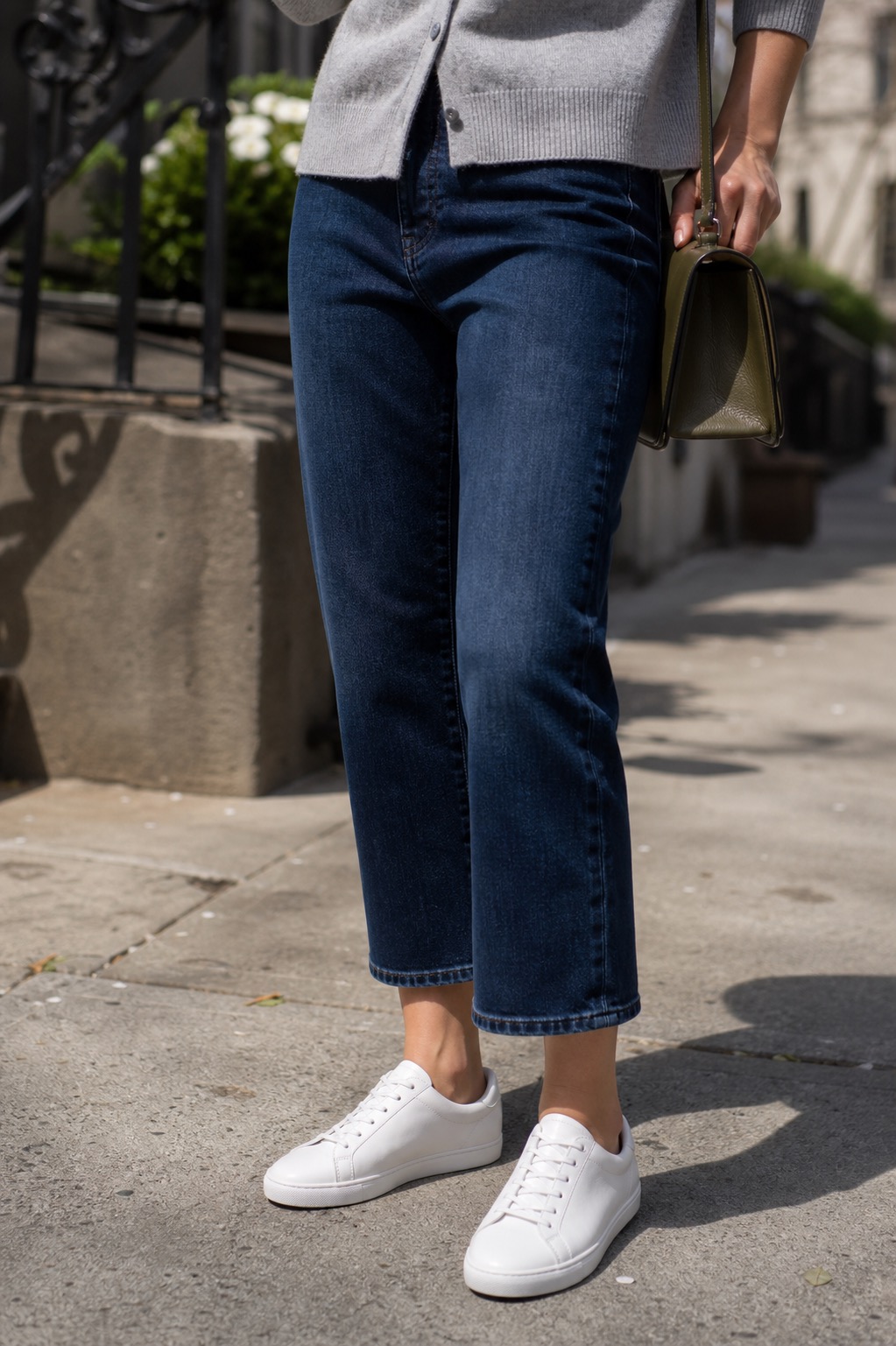 white leather sneakers outfits reference image 6: A closer look at the sneaker shape and outfit balance
