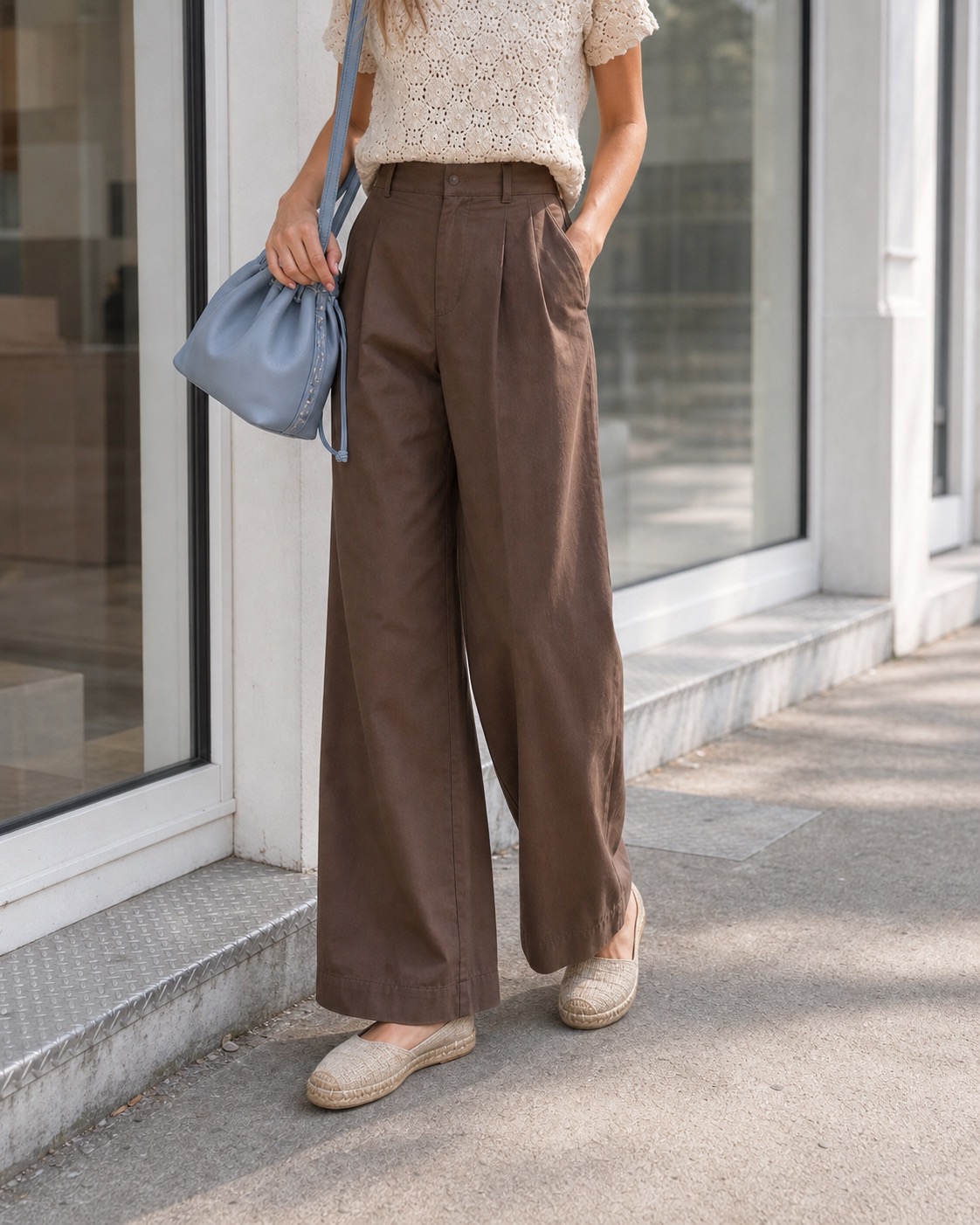 Light Trail Outfit: a crochet top, poplin pants, and espadrilles shoe and hem detail: ivory crochet short-sleeve top, cocoa poplin wide-leg pants, natural espadrille flats, sky-blue drawstring bag styling reference image